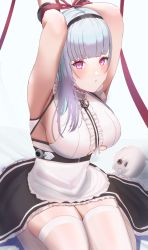 Rule 34 | 1girl, anchor choker, apron, arms up, azur lane, black dress, blue hair, bound, bound wrists, breasts, button eyes, buttons, cafenami, center frills, character doll, clothing cutout, dido (azur lane), dress, frilled dress, frills, hairband, highres, lace-trimmed hairband, lace trim, large breasts, long hair, looking at viewer, purple eyes, red ribbon, ribbon, sirius (azur lane), sleeveless, sleeveless dress, solo, thighhighs, two-tone dress, underboob cutout, white dress, white hair, white thighhighs, zettai ryouiki
