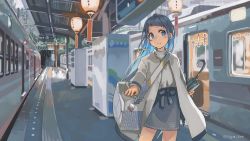 Rule 34 | 1girl, alternate costume, anchor symbol, bag, blue eyes, blue hair, blush, coat, cowboy shot, highres, holding, holding umbrella, jewelry, kantai collection, long hair, long sleeves, necklace, samidare (kancolle), shoulder bag, smile, solo, split mouth, sugue tettou, train, train station, twitter username, umbrella, very long hair, white coat