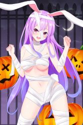 Rule 34 | 1girl, :d, ^ ^, animal ears, bandaged arm, bandaged head, bandaged leg, bandaged neck, bandages, blush, breasts, closed eyes, collarbone, eyelashes, feet out of frame, gate, halloween, halloween costume, highres, jack-o&#039;-lantern, long hair, looking at viewer, medium breasts, naked bandage, navel, no bra, open mouth, purple hair, rabbit ears, rabbit tail, red eyes, reisen udongein inaba, sidelocks, smile, solo, standing, stomach, tail, teeth, thighs, tongue, touhou, upper teeth only, xialuluo (sharuro)