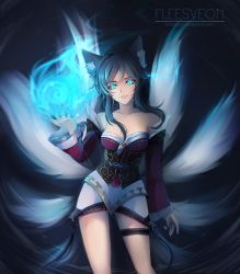 Rule 34 | 1girl, absurdres, ahri (league of legends), animal ears, bare shoulders, black hair, blue eyes, breasts, cleavage, collarbone, detached sleeves, facial mark, fox ears, fox tail, glowing, glowing eyes, hair ornament, highres, korean clothes, large breasts, league of legends, lips, long hair, multiple tails, nail polish, slit pupils, solo, tail, whisker markings