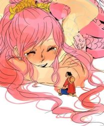 Rule 34 | blush, closed eyes, giant, giantess, looking at another, mermaid, monkey d. luffy, monster girl, one piece, open mouth, pink hair, shirahoshi, smile