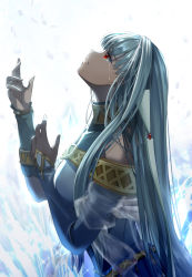 Rule 34 | 1girl, blue dress, blue hair, crying, crying with eyes open, delsaber, dress, fire emblem, fire emblem: the blazing blade, from side, highres, long hair, long sleeves, looking up, ninian (fire emblem), nintendo, parted lips, profile, red eyes, sash, sleeves past wrists, solo, sparkle, tears, very long hair, white background