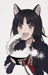 Rule 34 | 1girl, :d, animal ears, arknights, armor, black hair, bowl, commentary, dog ears, dog girl, forehead, grey eyes, highres, holding, holding bowl, japanese armor, long hair, looking at viewer, o eeee o, open mouth, rice, saga (arknights), simple background, smile, solo, symbol-only commentary, teeth, upper body, upper teeth only, white background