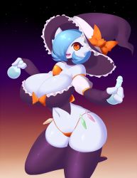 Rule 34 | 1girl, alternate color, boots, breasts, cleavage, creatures (company), game freak, gardevoir, gen 3 pokemon, halloween, hat, highres, jcdr, large breasts, lucy (jcdr), nintendo, pokemon, pokemon (creature), shiny pokemon, solo, thigh boots, thighhighs, thong, witch hat