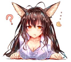Rule 34 | ..., 1girl, ?, absurdres, animal ears, black bra, bra, bra visible through clothes, breasts, brown hair, cleavage, commentary request, drooling, fox ears, fox girl, half-closed eyes, highres, large breasts, long hair, looking at viewer, mouth drool, orange eyes, original, polka dot, polka dot bra, see-through, simple background, sketch, solo, sukemyon, underwear, upper body, white background