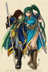 Rule 34 | bag, boots, brown eyes, brown hair, cape, carrying, couple, earrings, eye contact, fingerless gloves, fire emblem, fire emblem: the blazing blade, gloves, green eyes, green hair, jewelry, katana, long hair, looking at another, lyn (fire emblem), mark (fire emblem: the blazing blade), nintendo, pants, ponytail, side slit, staff, sword, very long hair, walking, weapon, wink, worried