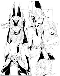 Rule 34 | 1boy, absurdres, aiwo o lite, alternate hairstyle, animal hat, character name, choker, closed mouth, cyno (genshin impact), egyptian clothes, genshin impact, greyscale, hair between eyes, hair over one eye, hat, highres, long hair, monochrome, multiple views, parted lips, ponytail, short sleeves, signature, simple background, star (symbol)
