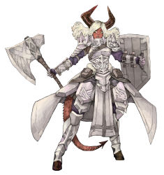 1girl absurdres armor axe belt_pouch blonde_hair breastplate colored_skin commentary demon_girl demon_horns demon_tail english_commentary fantasy full_body gauntlets highres holding holding_shield holding_weapon hooves horns looking_to_the_side open_mouth original pelvic_curtain plate_armor pouch red_skin shield shoulder_armor solo standing subakeye tail teeth upper_teeth_only waist_cape weapon white_background yellow_eyes