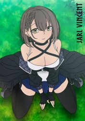 Rule 34 | 1girl, bare shoulders, black choker, black gloves, black jacket, blush, braid, breasts, brown hair, choker, cleavage, closed mouth, coat, collar, collarbone, fingerless gloves, from above, full body, gloves, grass, green background, hair between eyes, highres, jacket, kneeling, large breasts, long sleeves, looking at viewer, non-web source, off shoulder, original, outdoors, partially fingerless gloves, shirt, short hair, shorts, sitting, skirt, sleeveless, smile, solo, thighhighs, thighs, vampire, white shirt, yellow eyes