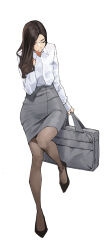 Rule 34 | 1girl, absurdres, bag, black footwear, brown hair, collared shirt, commentary, english commentary, full body, grey bag, grey skirt, tucking hair, handbag, high heels, highres, holding, holding bag, leg up, long hair, looking down, office lady, original, pantyhose, pencil skirt, shirt, simple background, skirt, solo, standing, standing on one leg, tbocart, white background, white shirt