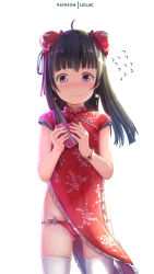 Rule 34 | 1girl, ahoge, ass, black hair, blush, box, bracelet, bun cover, china dress, chinese clothes, closed mouth, commentary request, cowboy shot, double bun, dress, flying sweatdrops, gift, gift box, hair bun, heart-shaped box, holding, holding gift, jewelry, liclac, long hair, looking at viewer, nose blush, original, panties, pelvic curtain, purple eyes, red dress, red panties, side bun, simple background, sleeveless, sleeveless dress, solo, standing, sweat, thighhighs, underwear, wavy mouth, white background, white thighhighs