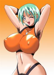 Rule 34 | 00s, 1girl, armpit hair, armpits, breasts, divergence eve, female focus, female pubic hair, gradient background, green hair, huge breasts, kiri marialate, large breasts, pubic hair, solo