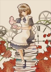 Rule 34 | 1girl, apron, bad id, bad pixiv id, book stack, brown eyes, brown hair, clock, cup, floral print, flower, full body, gears, highres, maid, maid apron, original, outline, plant, plate, pouring, roman numeral, rose, sheepd, sitting, solo, teacup, teapot, thorns, vines