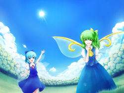 Rule 34 | 2girls, adapted costume, blue hair, cirno, cloud, daiyousei, day, embodiment of scarlet devil, closed eyes, grass, green hair, hiromi (artist), multiple girls, ribbon, short hair, sky, smile, touhou, wallpaper, wings