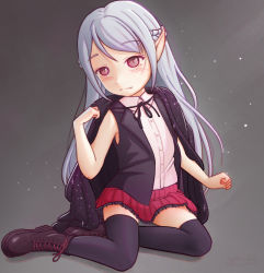 Rule 34 | 1girl, absurdres, artist name, black thighhighs, blush, boots, braid, buttons, cape, child, closed mouth, collared shirt, commission, cross-laced footwear, crown braid, eyeliner, fangs, female focus, full body, grey background, highres, lace-up boots, long hair, looking at viewer, makeup, monchichiwa, pleated skirt, pointy ears, red skirt, shirt, signature, silver hair, sitting, skindentation, skirt, sleeveless, smile, solo, star (symbol), star print, swept bangs, thighhighs, thighs, vampire, vest, white shirt, yokozuwari, zettai ryouiki
