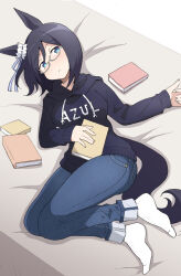 Rule 34 | 1girl, animal ears, bed, bed sheet, bespectacled, black hair, black hoodie, blue eyes, book, breasts, commentary request, denim, ear ornament, eishin flash (umamusume), full body, glasses, holding, holding book, hood, hood down, hoodie, horse ears, horse girl, jeans, looking at viewer, medium breasts, medium hair, nel-c, on bed, pants, parted lips, simple background, socks, solo, umamusume, white background, white socks