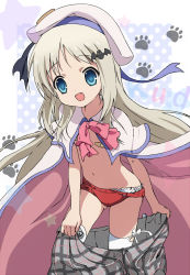 Rule 34 | 1girl, :d, bad id, bad pixiv id, bandaid, bandaids on nipples, bat hair ornament, blonde hair, blue background, blue eyes, bow, buruma, cape, fang, flat chest, grey skirt, hair ornament, hat, highres, little busters!, long hair, looking at viewer, navel, neki (wakiko), noumi kudryavka, open mouth, panties, panties under buruma, pasties, paw print, pink bow, plaid, plaid skirt, polka dot, polka dot background, red buruma, skirt, smile, solo, standing, star (symbol), thighhighs, topless, underwear, undressing, white cape, white hat, white panties, white thighhighs