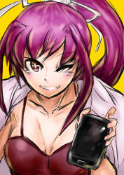 Rule 34 | 1girl, absurdres, breasts, cape, cellphone, cleavage, highres, ichigai (hayawossan), long hair, one eye closed, phone, ponytail, purple eyes, purple hair, smartphone, solo, tank top, under night in-birth, very long hair, wink, yigai, yuzuriha (under night in-birth)