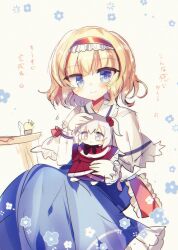 Rule 34 | 1girl, absurdres, alice margatroid, blonde hair, blue dress, blue eyes, capelet, chisen maimai, cowboy shot, doll, dress, floral background, frilled capelet, frilled dress, frilled hairband, frilled ribbon, frills, hairband, highres, holding, holding doll, long sleeves, puffy sleeves, red hairband, red ribbon, red shirt, red skirt, ribbon, shinki (touhou), shirt, short hair, simple background, sitting, skirt, solo, table, touhou, touhou (pc-98), translation request, white background, white capelet, white hair