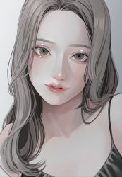 Rule 34 | 1girl, black camisole, camisole, grey background, grey eyes, grey hair, highres, lipstick, long hair, looking at viewer, makeup, original, pink lips, simple background, smile, solo, tsunko (9v2 q), upper body, white background