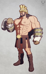 Rule 34 | 1boy, abs, artist name, beard, boots, brown hair, facial hair, full body, gloves, grey background, hajrudin, helmet, highres, leomon32, long hair, male focus, manly, muscular, mustache, navel, one piece, topless male, solo