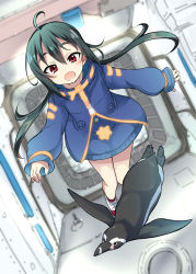 Rule 34 | 1girl, ahoge, bird, black hair, blurry, blurry background, commentary request, highres, international space station, jacket, long hair, long sleeves, miyao ryuu, open mouth, original, penguin, red eyes, skirt, solo, zero gravity