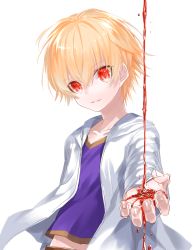 Rule 34 | 1boy, androgynous, blonde hair, child gilgamesh (fate), collarbone, commentary request, fate/grand order, fate (series), gilgamesh (fate), hair between eyes, jacket, long sleeves, looking at viewer, male focus, red eyes, shirt, simple background, slit pupils, solo, upper body, waka (shark waka), white background