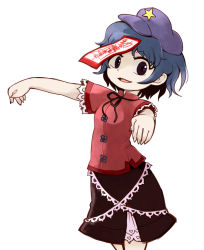Rule 34 | 1girl, black ribbon, black skirt, blue hair, breasts, brown eyes, commentary request, cowboy shot, hat, jiangshi, kty (04), looking at viewer, miyako yoshika, neck ribbon, ofuda, open mouth, outstretched arms, parted lips, purple hat, red shirt, ribbon, sharp teeth, shirt, short hair, short sleeves, simple background, skirt, small breasts, smile, solo, star (symbol), teeth, touhou, white background, zombie pose
