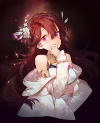 Rule 34 | 1girl, bare shoulders, black background, breasts, brown hair, closed mouth, detached sleeves, dress, flower, glowing, hair flower, hair ornament, hand on own chin, highres, long hair, long sleeves, looking at viewer, no pupils, original, pink eyes, sankyaku tako, simple background, smile, solo, upper body, white dress, white flower