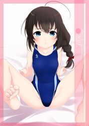 Rule 34 | 1girl, ahoge, artist name, barefoot, black hair, blue eyes, blue one-piece swimsuit, braid, character name, competition swimsuit, hair over shoulder, highres, inaba shiki, kantai collection, long hair, looking at viewer, one-piece swimsuit, shigure (kancolle), single braid, sitting, solo, spread legs, swimsuit