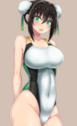 Rule 34 | 1girl, absurdres, black hair, blush, breasts, competition swimsuit, covered navel, cowboy shot, double bun, fate/grand order, fate (series), green eyes, grey background, hair bun, highleg, highleg swimsuit, highres, large breasts, one-piece swimsuit, qin liangyu (fate), simple background, solo, standing, swimsuit, takanotsume