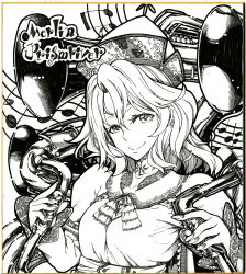 Rule 34 | 1girl, character name, closed mouth, commentary request, greyscale, hat, high contrast, highres, holding, holding instrument, instrument, ishida kazuma, long sleeves, looking at viewer, merlin prismriver, monochrome, musical note, nail polish, saxophone, shikishi, short hair, simple background, smile, touhou, traditional media, trumpet, upper body