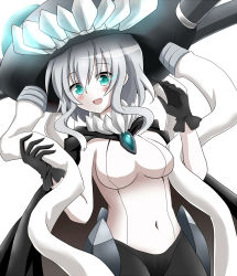 Rule 34 | 10s, 1girl, :d, abyssal ship, aqua eyes, bodysuit, cape, colored skin, glowing, glowing eyes, hachimi, headgear, highres, kantai collection, open mouth, short hair with long locks, silver hair, smile, solo, white skin, wo-class aircraft carrier