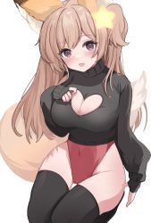 Rule 34 | 1girl, animal ear fluff, animal ears, annytf, black gloves, black sweater, black thighhighs, breasts, brown eyes, brown hair, cleavage, cleavage cutout, clothing cutout, covered navel, etoria, fingerless gloves, fox ears, fox girl, fox tail, gloves, groin, hair ornament, hand on own chest, highleg, highleg leotard, highres, indie virtual youtuber, leotard, leotard under clothes, long hair, looking at viewer, no pants, open mouth, red leotard, smile, solo, star (symbol), star hair ornament, sweater, tail, thigh gap, thighhighs, thighs, virtual youtuber