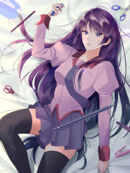 Rule 34 | 1girl, bad id, bad pixiv id, bakemonogatari, bed sheet, blue eyes, blurry, blurry foreground, breasts, collared shirt, commentary request, eyelashes, feet out of frame, highres, holding, lens flare, long hair, long sleeves, looking at viewer, lying, mechanical pencil, medium breasts, miu 888, monogatari (series), naoetsu high school uniform, necktie, on back, pencil, pink shirt, pleated skirt, puffy sleeves, purple hair, purple necktie, purple skirt, school uniform, scissors, senjougahara hitagi, shirt, sidelocks, skirt, solo, stapler, thighhighs