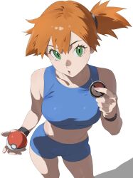 1girl asymmetrical_hair bare_shoulders blue_shorts blush breasts creatures_(company) eyelashes female_focus game_freak green_eyes gym_leader hair_between_eyes highres holding holding_poke_ball large_breasts legs looking_at_viewer midriff misty_(pokemon) navel nintendo open_mouth orange_hair poke_ball poke_ball_(basic) pokemon pokemon_(anime) pokemon_(classic_anime) ponytail shirt short_hair short_shorts shorts side_ponytail solo standing taiyang_yu tank_top thighs wristband