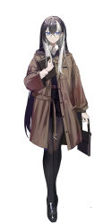 Rule 34 | 1girl, absurdres, bag, belt buckle, black footwear, black hair, black pantyhose, black shorts, blue eyes, book, brown coat, buckle, closed mouth, coat, drive shot, earrings, full body, glasses, highres, holding, holding bag, holding book, jewelry, loafers, long hair, long sleeves, looking at viewer, mole, mole under eye, multicolored hair, open clothes, open coat, original, pantyhose, pantyhose under shorts, shoes, shorts, smile, solo, standing, stud earrings, two-tone hair, white hair