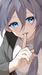 Rule 34 | 1girl, black jacket, blue eyes, commentary, finger to mouth, fu hua, grey hair, hair between eyes, hair over shoulder, hand up, highres, honkai (series), honkai impact 3rd, jacket, long hair, long sleeves, nuta h3, open clothes, open jacket, shirt, shushing, simple background, solo, symbol-only commentary, upper body, white background, white shirt