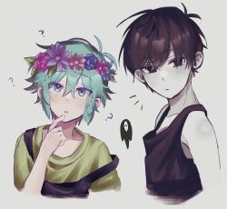 Rule 34 | 2boys, ?, basil (headspace) (omori), basil (omori), black eyes, black hair, blue overalls, blush, closed mouth, collarbone, colored skin, expressionless, green eyes, green hair, head wreath, highres, looking at viewer, multiple boys, omori, omori (omori), overalls, shiberia 3, shirt, short sleeves, simple background, something (omori), tank top, white background, white skin, yellow shirt