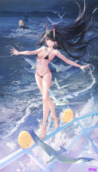 Rule 34 | 1girl, absurdres, animal, armpits, atdan, azur lane, bare arms, bare legs, bare shoulders, barefoot, beach, bikini, bird, black bikini, black hair, breasts, buoy, chick, cleavage, closed mouth, collarbone, feet, floating hair, full body, halterneck, halterneck, highres, horns, legs, long hair, looking at viewer, manjuu (azur lane), medium breasts, multi-strapped bikini, navel, night, noshiro (azur lane), off shoulder, oni horns, outdoors, outstretched arms, purple eyes, seagull, smile, solo, spread toes, standing, stomach, strap gap, string bikini, swimsuit, thighs, tiptoes, toes, very long hair