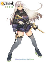 Rule 34 | 1girl, absurdres, artist name, assault rifle, bag, black footwear, blue thighhighs, breasts, character name, closed mouth, girls&#039; frontline, gloves, green eyes, gun, h&amp;k hk416, hand on weapon, handgun, henz, highres, hk416 (girls&#039; frontline), holding, holding weapon, holster, jacket, long hair, looking at viewer, medium breasts, pistol, rifle, shoes, silver hair, skirt, smile, sneakers, solo, thigh holster, thighhighs, thighs, weapon, white background, white gloves
