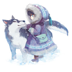 Rule 34 | androgynous, animal, bag, blue eyes, boots, child, closed mouth, coat, eye contact, eyelashes, fur trim, gender request, hood, hooded jacket, jacket, long sleeves, looking at another, looking at viewer, mittens, original, profile, ryouma (888), shoulder bag, smile, snow, snowing, standing, stitches, tassel, white background, winter clothes, wolf