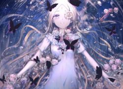 Rule 34 | 1girl, abigail williams (fate), bare shoulders, black bow, blonde hair, blue eyes, blush, bow, breasts, bug, butterfly, collarbone, fate/grand order, fate (series), forehead, insect, kinom (sculpturesky), long hair, looking at viewer, multiple bows, small breasts, solo, very long hair