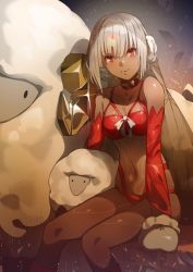 Rule 34 | 1girl, altera (fate), altera the santa (fate), bad id, bad pixiv id, bare shoulders, blush, breasts, choker, closed mouth, dark-skinned female, dark skin, detached sleeves, earmuffs, fate/grand order, fate (series), long hair, looking at viewer, medium breasts, mittens, navel, rano, red choker, red eyes, revealing clothes, sheep, shiny skin, short hair, sitting, skindentation, smile, solo, underwear, veil, white hair