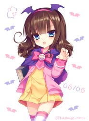 Rule 34 | 1girl, :d, blue eyes, blush, book, brown hair, capelet, catchphrase, claw pose, dated, dress, fang, hairband, happy birthday, head wings, highres, kurosu aroma, open mouth, pretty series, pripara, school uniform, smile, solo, speech bubble, standing, thighhighs, tsukikage nemu, twitter username, wings, zettai ryouiki