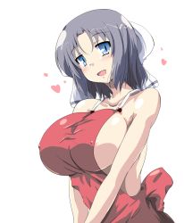 Rule 34 | 10s, 1girl, :d, apron, areola slip, bare arms, bare shoulders, black hair, blue eyes, blush, bow, breasts, collarbone, covered erect nipples, hair bow, heart, large breasts, looking at viewer, mister (black and white), naked apron, open mouth, red apron, senran kagura, senran kagura shinovi versus, short hair, sideboob, smile, solo, upper body, v arms, white background, white bow, yumi (senran kagura)