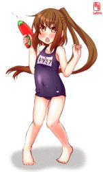 Rule 34 | 1girl, absurdres, alternate costume, artist logo, barefoot, blue one-piece swimsuit, brown eyes, brown hair, chestnut mouth, commentary request, covered navel, dated, full body, fumizuki (kancolle), highres, kanon (kurogane knights), kantai collection, long hair, looking at viewer, name tag, one-piece swimsuit, ponytail, school swimsuit, simple background, solo, standing, swimsuit, water gun, white background