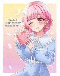 Rule 34 | 1girl, ;), blue dress, blue pajamas, blush, bow, box, commentary request, d4dj, derder, dress, english text, feathers, gift, gift box, happy birthday, highres, holding, holding gift, looking at viewer, one eye closed, pajamas, pink eyes, pink hair, sakurada miyu, short hair, smile, solo, white feathers