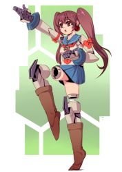 Rule 34 | 1girl, :o, a.i (dodonpachi), arm up, blue sailor collar, boots, bow, brown eyes, brown hair, cave (company), cyborg, dodonpachi, dodonpachi daifukkatsu, doll joints, earrings, full body, green background, honeycomb (pattern), honeycomb background, honeycomb pattern, jewelry, joints, knee boots, long hair, ribbon, sailor collar, school uniform, serafuku, skirt, solo, standing, standing on one leg, twintails, vuccha