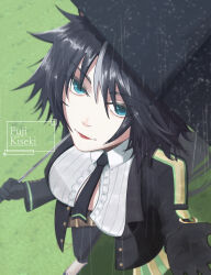 Rule 34 | 1girl, absurdres, animal ears, black gloves, black hair, black jacket, black necktie, black pants, breasts, buttons, center frills, center opening, character name, closed mouth, collared shirt, day, eyelashes, frilled shirt, frills, from above, fuji kiseki (umamusume), gloves, grass, grey hair, hair between eyes, hand up, highres, holding, holding umbrella, horse ears, horse girl, horse tail, jacket, light smile, lips, long sleeves, looking up, medium breasts, moheji (user gywn2472), multicolored hair, necktie, open clothes, open jacket, outdoors, over shoulder, pale skin, pants, rain, red lips, shirt, solo, tail, two-tone hair, umamusume, umbrella, umbrella over shoulder, water, wet, wet clothes, wet gloves, white shirt, wing collar